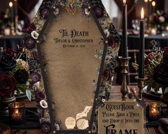 Halloween Weddinng Guest Book, Coffin Floral Coffin Wine Brown Personalized Alternative Guest Book with Heart Drop Frame