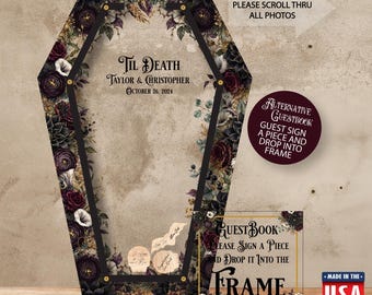 Halloween Guest Book/Coffin/Floral/Personalized/Coffin/Heart Drop/Frame/Wedding/Wine/200+ Guests
