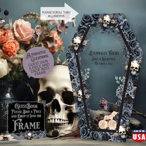 May include: A black coffin-shaped guest book with a floral design and the text "Eternally Yours Jake & Kourtney October 4, 2024". The guest book is made in the USA.