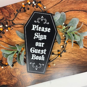 Guest Book Wood Sign - Coffin Shape - Halloween Wedding - Halloween Party - Gothic - Please Sign - Ready to Ship
