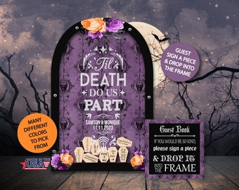 Halloween Guest Book/Til Death Do us Part/Alternative/Personalized/Tombstone/Wood Shapes/Heart Drop/Top Drop Frame/Wedding- FAST SHIPPING
