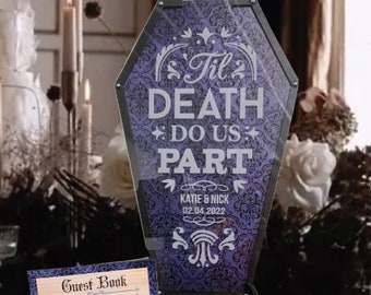 Halloween Guest Book/Til Death Do us Part/Alternative/Personalized/Coffin/Heart Drop/Top Drop Frame/Wedding/Blue/200 Guests