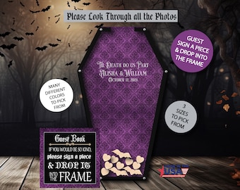 Halloween Guest Book/Til Death do us part/Alternative/Personalized/Coffin/Heart Drop/Top Drop Frame/Wedding/Royal Purple/200+ Guests