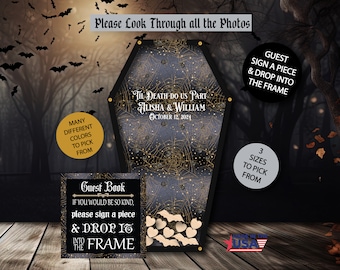 Halloween Wedding Guest Book, Til Deaath do us Part Coffin Personalized Alternative Guest Book with Heart drop frame