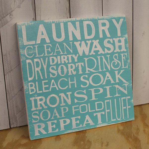 Laundry Subway Sign/Laundry Room Sign/Clean/Wash/Dry/Iron/Spin/Bleach/Aqua/White/Wood Sign/Laundry/Light aqua/hand painted