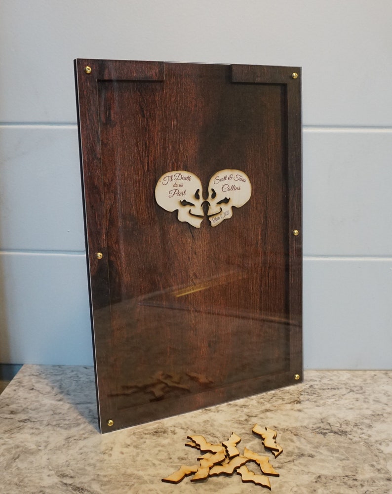 Libro de visitas de Halloween/Dos calaveras/Alternativo/Personalizado/Formas de madera/Corazón/Marco superior/Boda - ENVÍO RÁPIDO/Boda gótica imagen 2