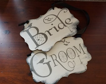 Bride and Groom Chair Signs/Halloween Wedding/Scallop Shape/Wood/Halloween Wedding- FAST SHIPPING