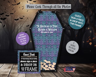 Halloween Guest Book/Til Death do us part/Alternative/Personalized/Coffin/Heart Drop/Top Drop Frame/Wedding/Teal and Purple/200+ Guests