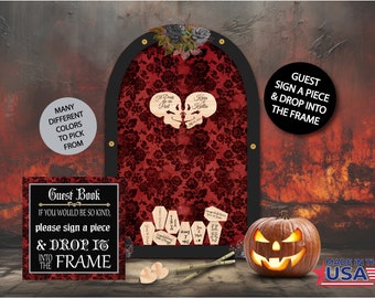 Halloween Guest Book/Til Death Do us Part/Alternative/Personalized/Tombstone/Wood Shapes/Heart Drop/Top Drop/Wedding 200+ Guests/Made in USA