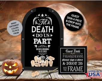 Halloween Guest Book/Til Death Do us Part/Alternative/Personalized/Tombstone/Wood Shapes/Heart Drop/Top Drop/Wedding- 200+ guest-Made in USA