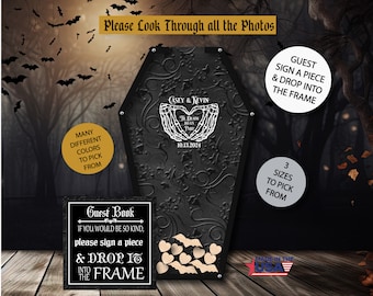 Halloween Guest Book/Skeleton Hands/Alternative/Personalized/Til Death/Coffin/Heart Drop/Top Drop Frame/Wedding/Black/200+ Guests