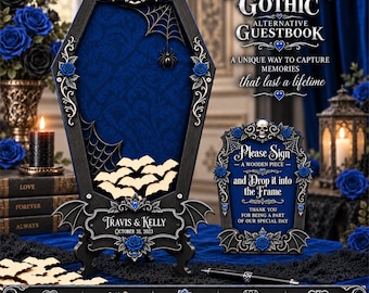 Gothic Wedding Guest Book Alternative, Personalized Guest Book with Wooden Chips, Gothic Wedding Keepsake Blue