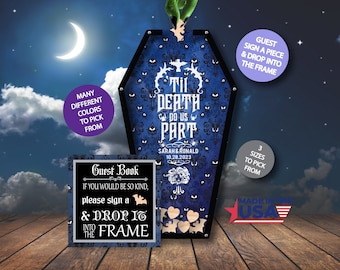 Halloween Guest Book/Haunted Mansion/Til Death/Alternative/Personalized/Coffin/Heart Drop/Top Drop Frame/Wedding/200 guest