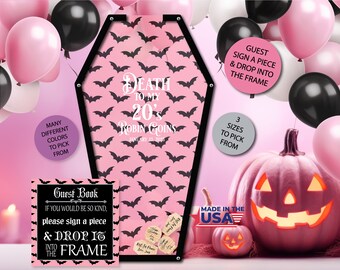 Halloween Guest Book/Death To My/Birthday/Alternative/Personalized/Coffin/Heart Drop/Top Drop Frame/Wedding/Pink/200+ Guests