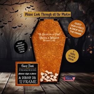 May include: A Halloween-themed guest book with a coffin-shaped frame and a sign that reads "Til Death Do Us Part Alisha & William October 12, 2024". The frame is surrounded by bats and hearts. The sign also says "Guest Sign a Piece & Drop into the Frame".