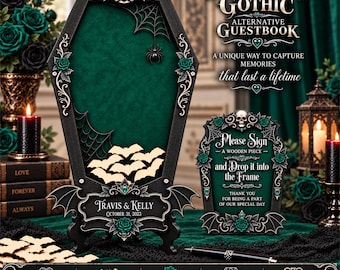 Gothic Wedding Guest Book Alternative, Personalized Guest Book with Wooden Chips, Gothic Wedding Keepsake Emerald Green