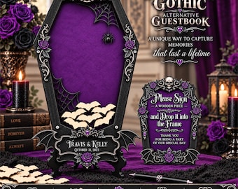 Gothic Wedding Guest Book Alternative, Personalized Guest Book with Wooden Chips, Gothic Wedding Keepsake Purple