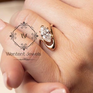 Marquise Cut Moissanite Ring | 2.5CT Low-Set Claw Setting with Gold Wave Band | Modern Sculptural Engagement Ring for Her | Promise Jewelry