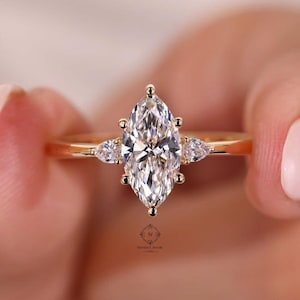 1.50 CT Elegant Marquise Moissanite Three-Stone Art Deco Ring | 14K Gold Engagement Ring | Vintage-Inspired Wedding Band for Women