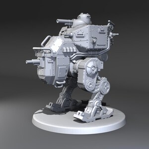 Könnte beinhalten: Graues, mechanisches Walker-Modell mit einem Panzer-ähnlichen Oberteil und zwei Kanonen. Das Modell weist detaillierte Nieten, Rohre und eine kreisförmige Basis auf. Das Design deutet auf ein Science-Fiction- oder Kriegsspiel-Thema hin.