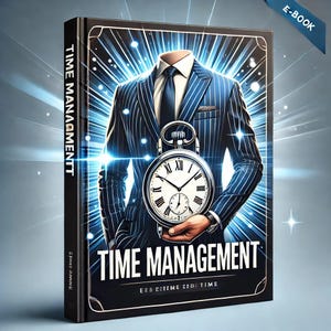 May include: A blue and white striped suit jacket with a pocket watch in the hand of a person. The pocket watch has roman numerals and a white face. The text on the cover reads "TIME MANAGEMENT" and "E-BOOK".
