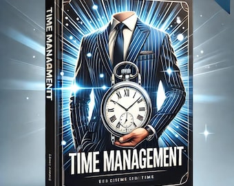 May include: A blue and white striped suit jacket with a pocket watch in the hand of a person. The pocket watch has roman numerals and a white face. The text on the cover reads "TIME MANAGEMENT" and "E-BOOK".