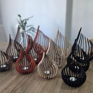 Triple Candle Holder Set of 3, Wooden Tealight Holders, Laser-Cut Natural Birch Flame Decor image 5