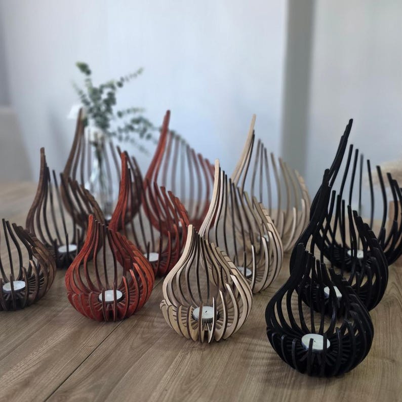 Triple Candle Holder Set of 3, Wooden Tealight Holders, Laser-Cut Natural Birch Flame Decor image 5