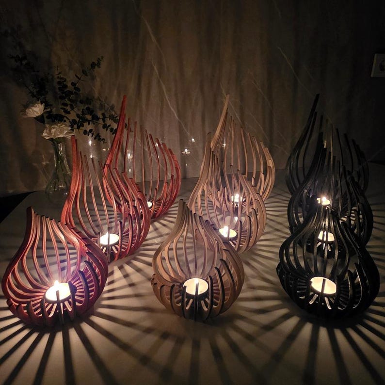 Triple Candle Holder Set of 3, Wooden Tealight Holders, Laser-Cut Natural Birch Flame Decor image 14