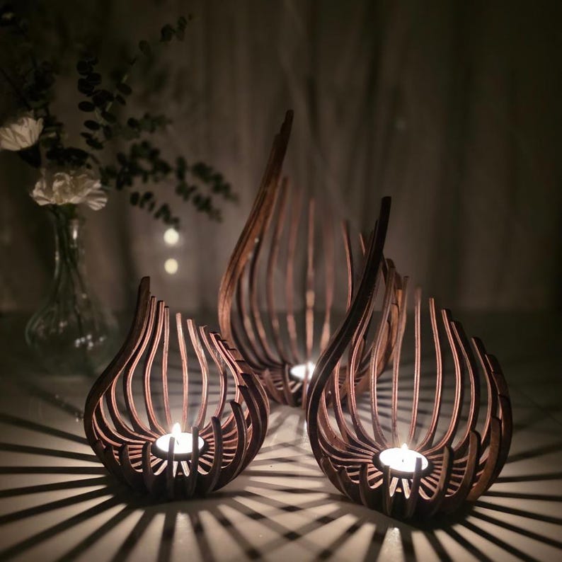 Triple Candle Holder Set of 3, Wooden Tealight Holders, Laser-Cut Natural Birch Flame Decor image 12