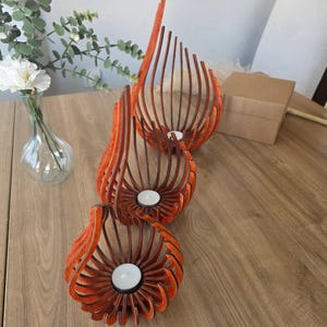 Triple Candle Holder Set of 3, Wooden Tealight Holders, Laser-Cut Natural Birch Flame Decor image 9