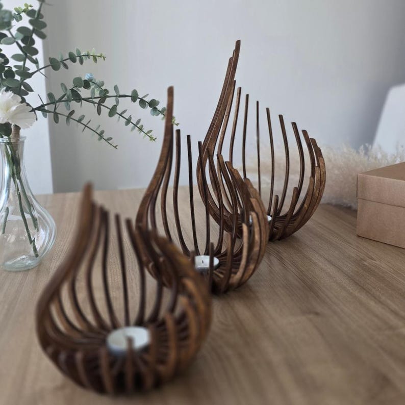 Triple Candle Holder Set of 3, Wooden Tealight Holders, Laser-Cut Natural Birch Flame Decor image 11