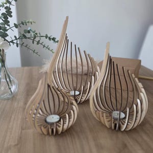 Triple Candle Holder Set of 3, Wooden Tealight Holders, Laser-Cut Natural Birch Flame Decor Natural Birch