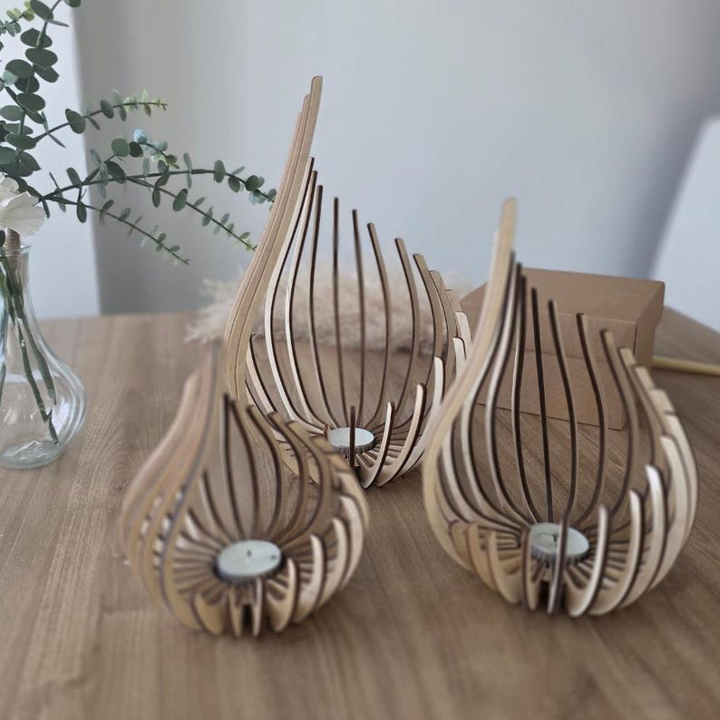 Triple Candle Holder Set of 3, Wooden Tealight Holders, Laser-Cut Natural Birch Flame Decor Natural Birch