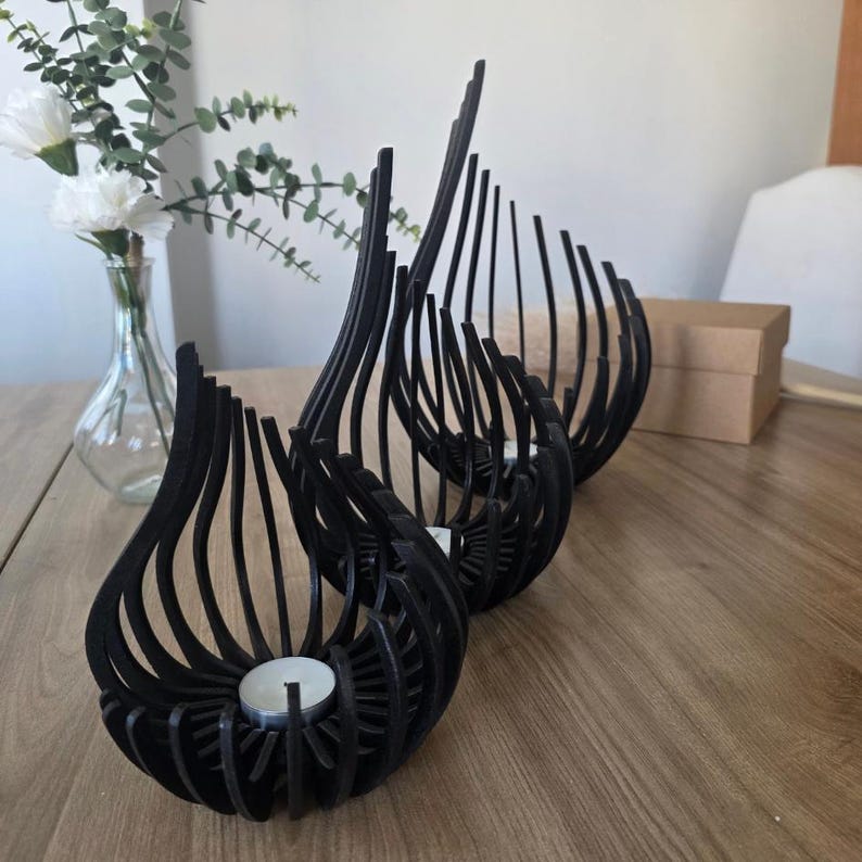 Triple Candle Holder Set of 3, Wooden Tealight Holders, Laser-Cut Natural Birch Flame Decor image 8