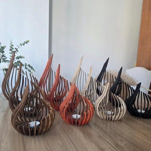 Triple Candle Holder Set of 3, Wooden Tealight Holders, Laser-Cut Natural Birch Flame Decor image 4