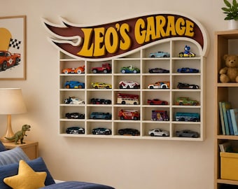 Personalized Toy Car Garage, Wooden Wall Mounted Shelf with 27 Slots for 1:64 Diecast Cars, Toy Car Storage and Racing Shelf for Kids' Rooms