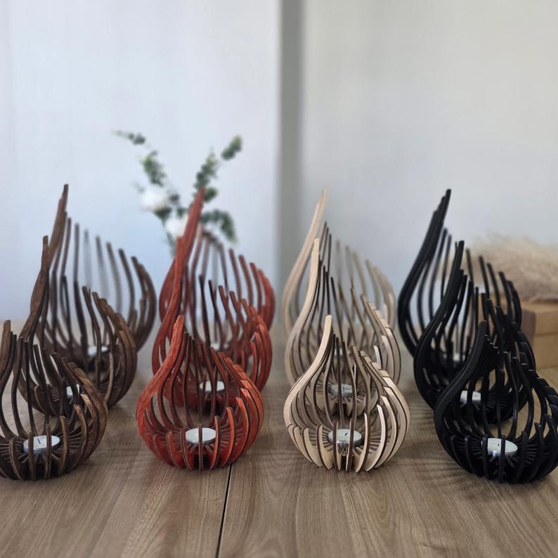 Triple Candle Holder Set of 3, Wooden Tealight Holders, Laser-Cut Natural Birch Flame Decor image 6