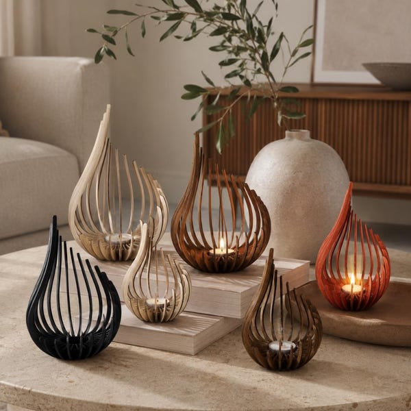 Set di 3 portacandele tripli, porta lumini in legno, decorazione a fiamma in betulla naturale tagliata al laser