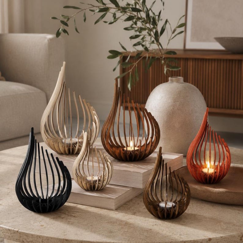 Triple Candle Holder Set of 3, Wooden Tealight Holders, Laser-Cut Natural Birch Flame Decor image 1