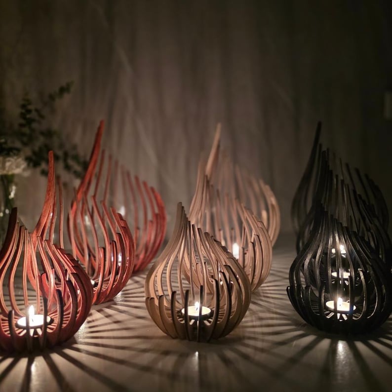 Triple Candle Holder Set of 3, Wooden Tealight Holders, Laser-Cut Natural Birch Flame Decor image 13