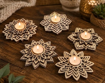 Layered Birch Wooden Tealight Holder, Laser-Cut Mandala Candle Decor for Weddings and Diwali