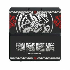 May include: Black Nintendo 3DS console featuring a Monster Hunter design. The top half has a white and red graphic of a dragon and tribal patterns. The bottom half displays four monster illustrations and the text "MONSTER HUNTER".