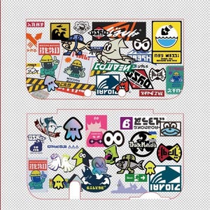 May include: A collection of colorful stickers featuring various cartoon characters, logos, and Japanese text. The stickers are arranged on a white background, with a variety of shapes and sizes. The overall theme is related to video games.