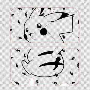 Puede incluir: Skin de Pikachu en blanco y negro para un dispositivo de juego portátil. El diseño presenta un personaje de Pikachu sonriente y gráficos de rayos. La piel está cortada para adaptarse a la forma del dispositivo.