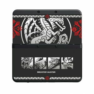 Puede incluir: Consola Nintendo 3DS negra con un diseño personalizado. La parte superior presenta una ilustración de dragón blanco y plateado y detalles en rojo. La parte inferior tiene cuatro ilustraciones de monstruos y el texto "MONSTER HUNTER".