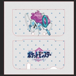Könnte beinhalten: Eine maßgeschneiderte Hülle mit einer Illustration von Suicune in Blau und Lila. Die Hülle hat einen gepunkteten Hintergrund und den Text "Pocket Monsters" auf Japanisch. Die Hülle ist für ein tragbares Spielgerät konzipiert.