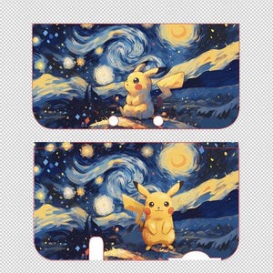 May include: A custom-designed case featuring a yellow Pikachu character set against a backdrop inspired by Van Gogh's "Starry Night." The design showcases a swirling blue and yellow night sky with stars, and a cartoon Pikachu in a sitting pose.
