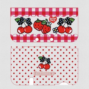 May include: A two-piece case with a red and white gingham pattern and a red polka dot pattern. The top section features cherries, strawberries, and the text "Swim Mer". The bottom section has cherries and the text "Swimmer".