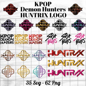Puede incluir: Una colección de logotipos de KPOP Demon Hunters HUNTRIX en varios colores y estilos. La imagen incluye el texto "KPOP Demon Hunters HUNTRIX LOGO" y "35 Svg - 62 Png".